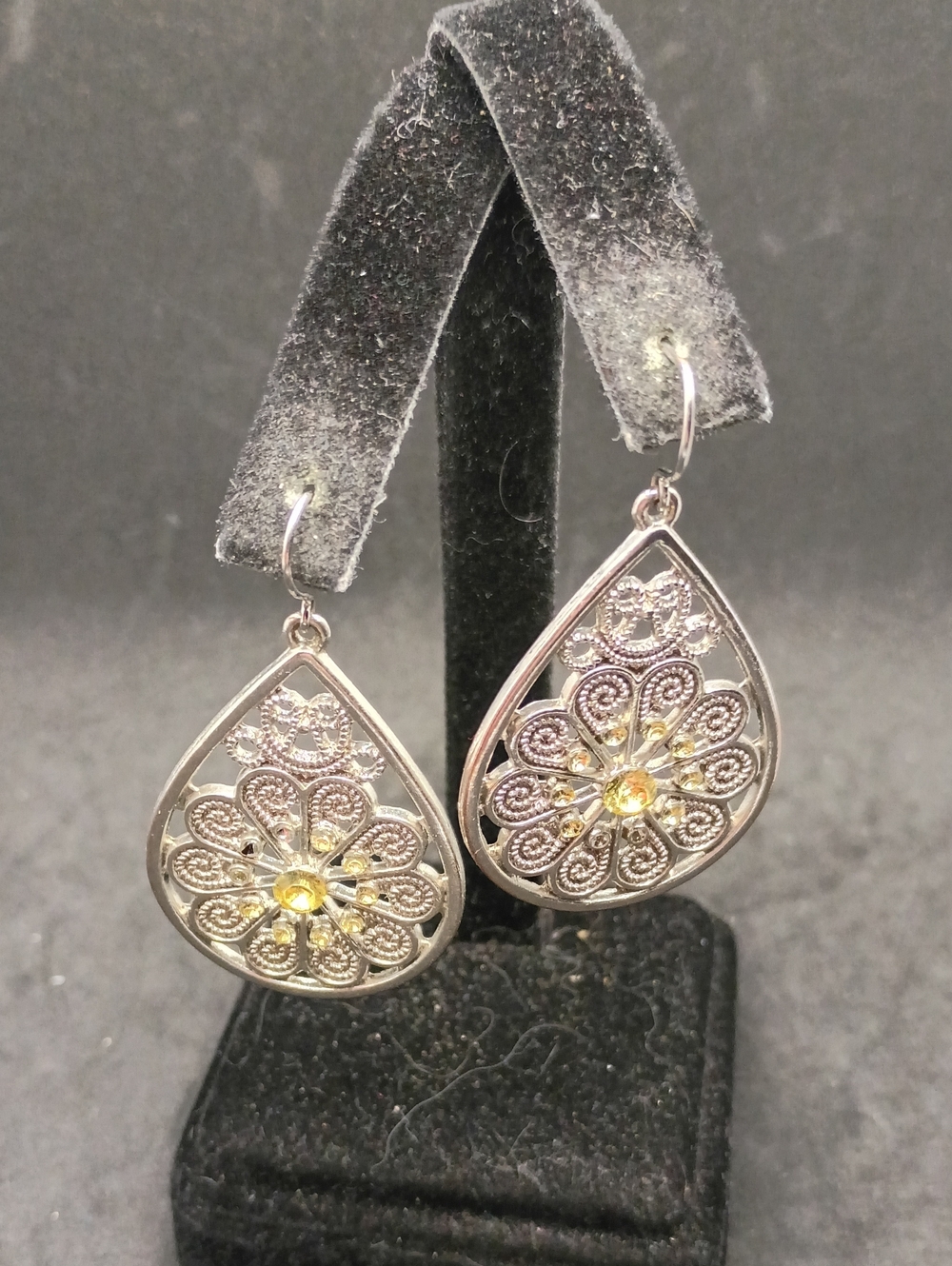Silver-Tone Filigree Teardrop Earrings with Yellow Accent